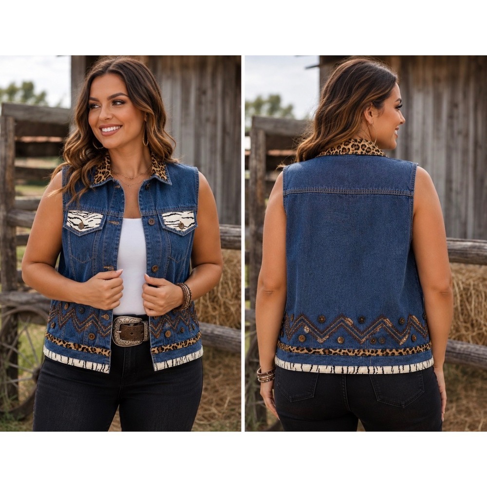 Stonebridge Denim Vest Womens Small Blue Leopard Zebra Print Western Embroidered
